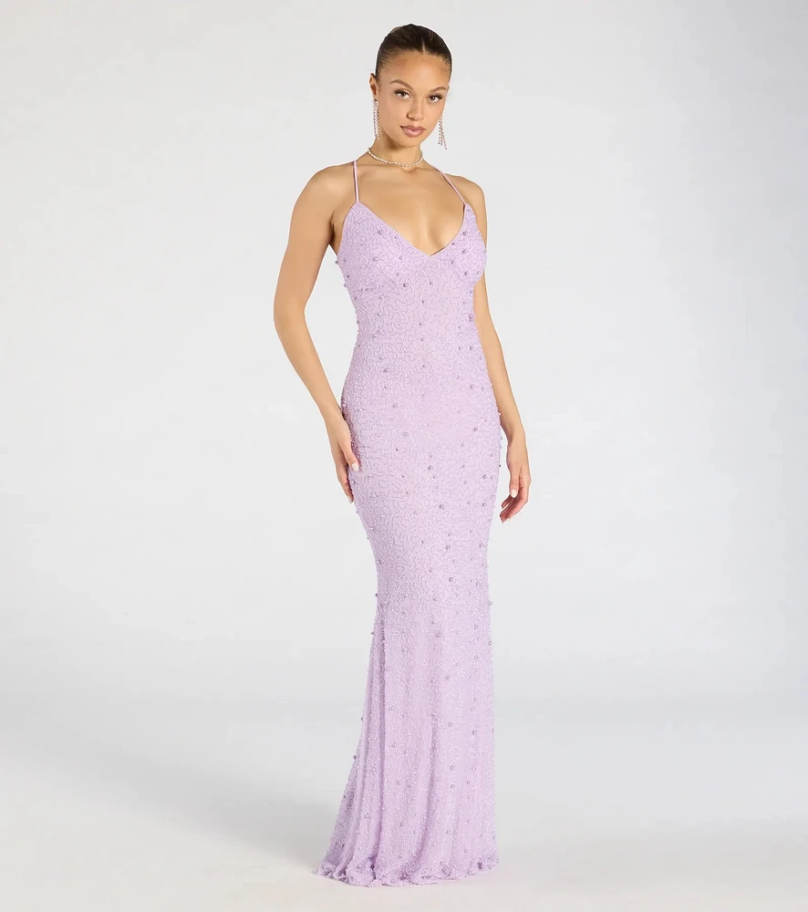 Marlene Lace-Up Mermaid Beaded Pearl Formal Dress