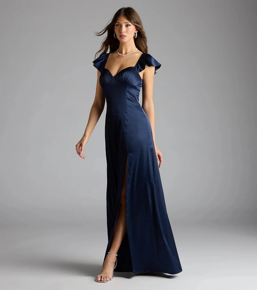 Olessa Short Sleeve A-Line Slit Satin Formal Dress