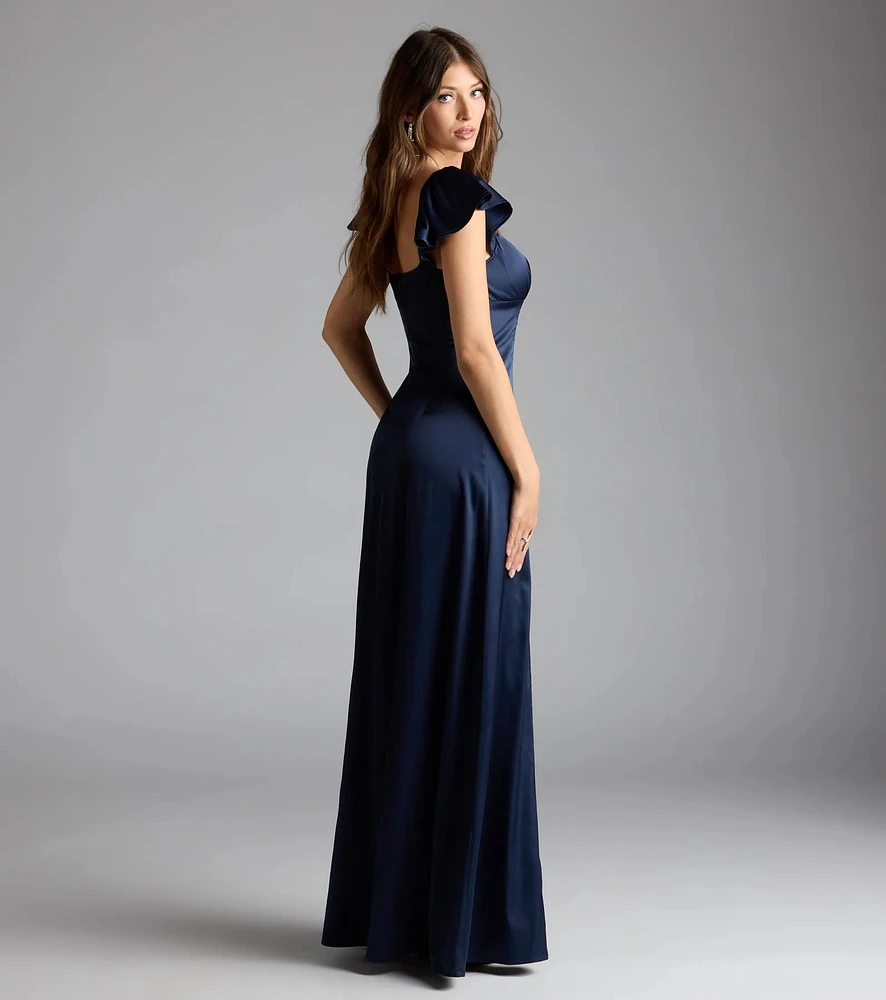 Olessa Short Sleeve A-Line Slit Satin Formal Dress