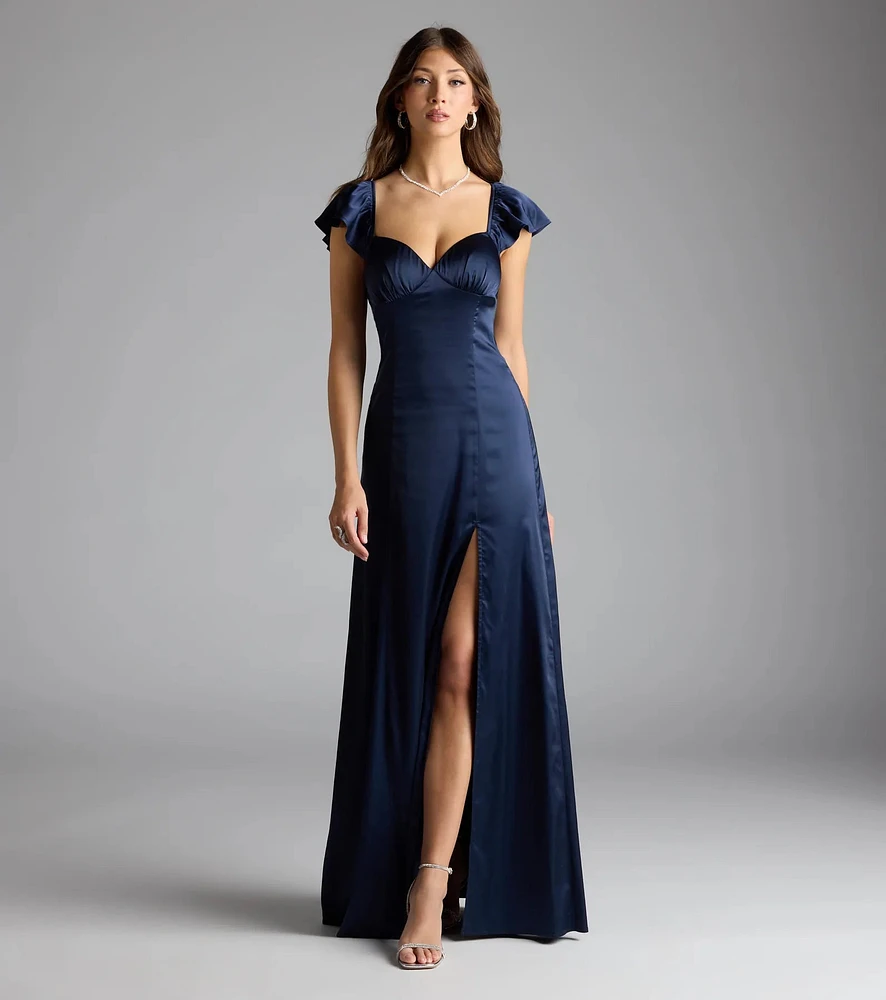 Olessa Short Sleeve A-Line Slit Satin Formal Dress