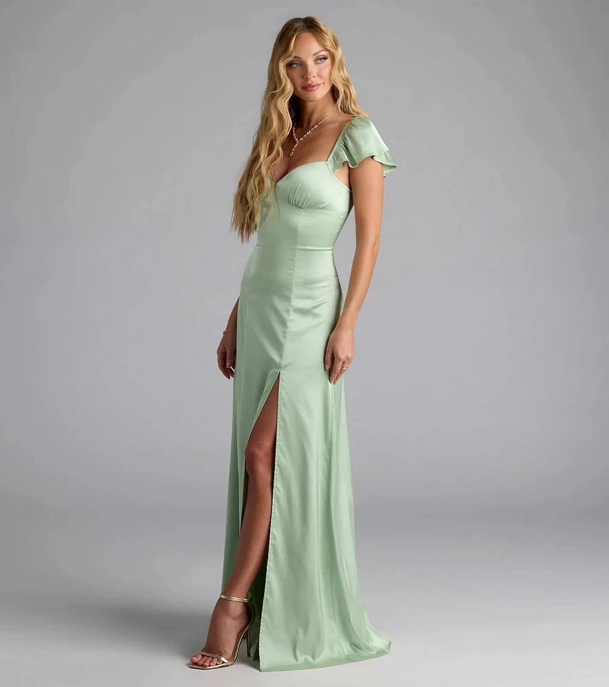 Olessa Short Sleeve A-Line Slit Satin Formal Dress