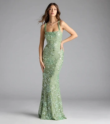 Lexie Floral Sequin Lace-Up Mermaid Dress