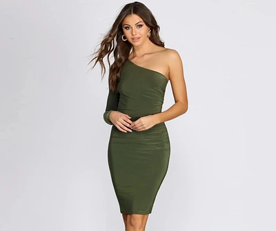 Ruched One Shoulder Midi Dress