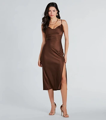 Classic Silky Satin High Slit Midi Dress