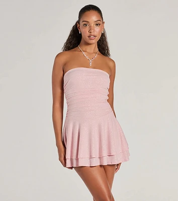 Glittery Impression Strapless Tiered Ruffle Skater Dress
