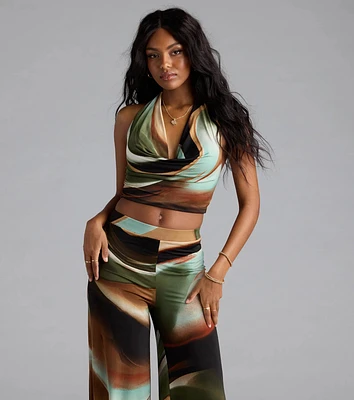 Sultry Effect Abstract Cowl Halter Crop Top