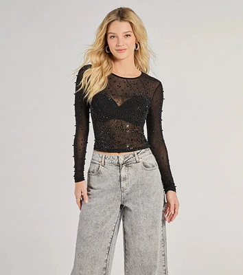 Sheer Glitz Long Sleeve Beaded Rhinestone Crop Top
