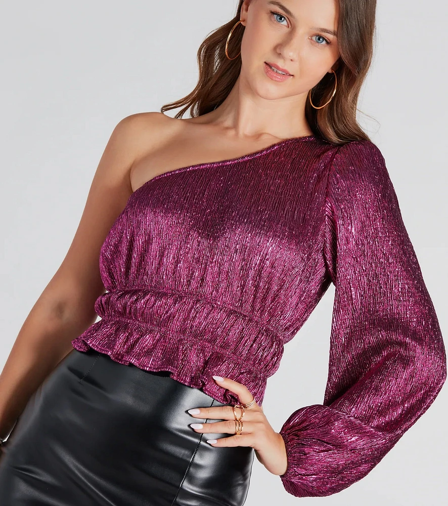 Luxurious Shimmer Metallic One-Shoulder Top