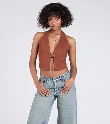 Sultry Trend Buckle Strap Halter Crop Top