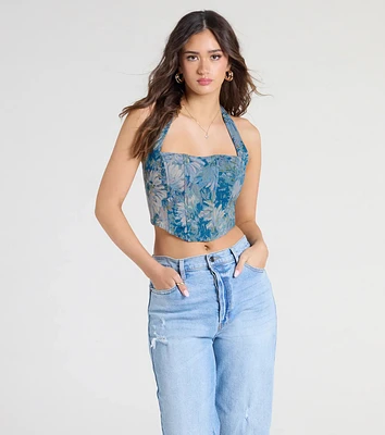 Day By Halter Lace-Up Tapestry Corset Top