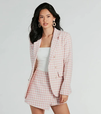 Preppy Beauty Tweed Faux Pearl Button Plaid Blazer