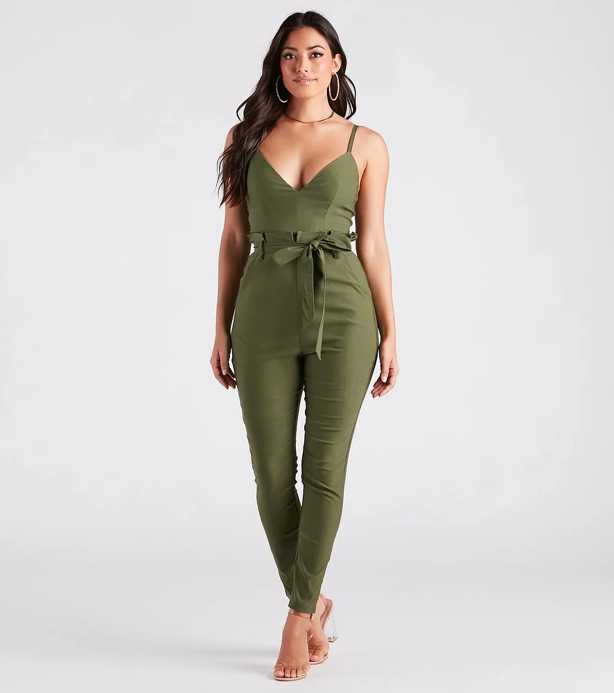 Straight To Business V-Neck Paper Bag Jumpsuit
