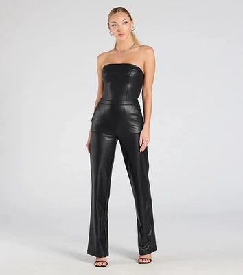 On The Low Strapless Wide-Leg Faux Leather Jumpsuit
