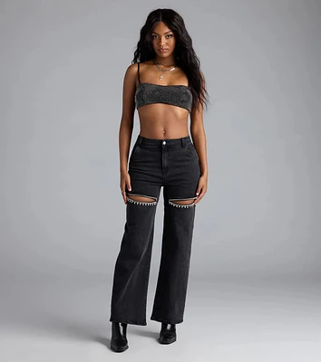 So Obsessed Rhinestone Cutout Straight Leg Denim Jeans