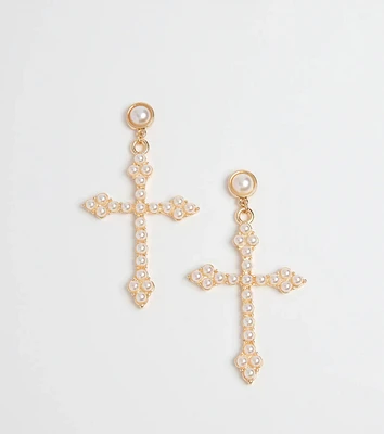 Blessed Style Faux Pearl Cross Earrings