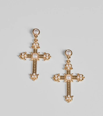 Blessed All Day Faux Pearl Cross Earrings