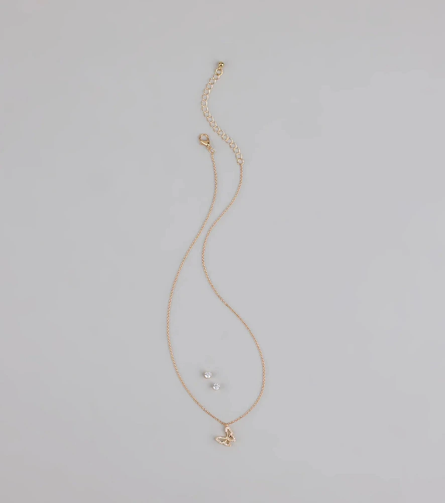 Soft Girl Sparkle Butterfly Necklace and Earrings Set