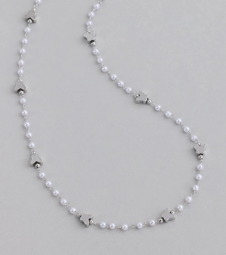 Cute Dainty Butterfly Pearl Beaded Necklace