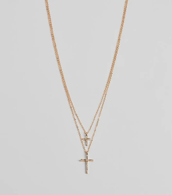 Chic Rhinestone Cross Charm Layered Necklace