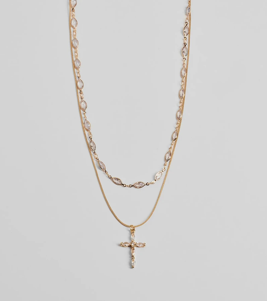 Graceful Shine Layered Cross Charm Rhinestone Necklace