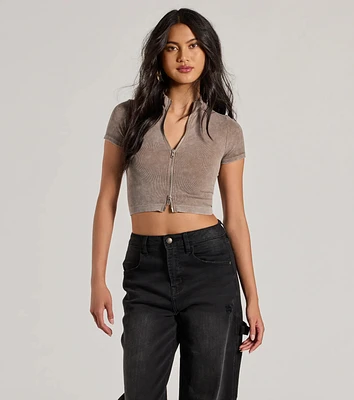 Trending Vibe Short Sleeve Zip Up Crop Top