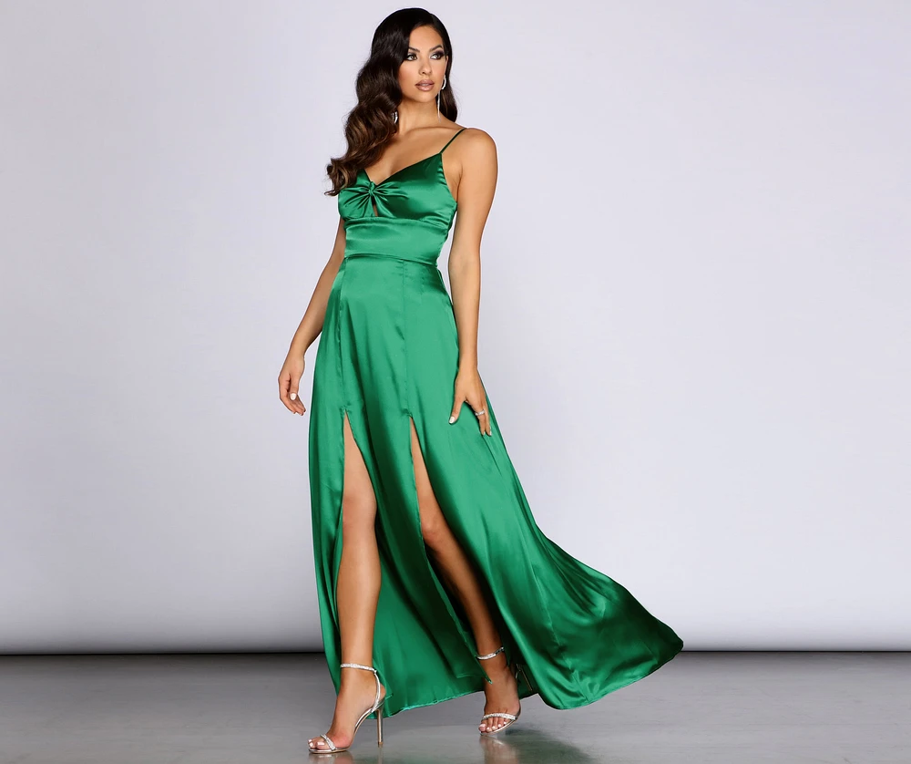 Anjolie Knot Front Satin Slit Dress
