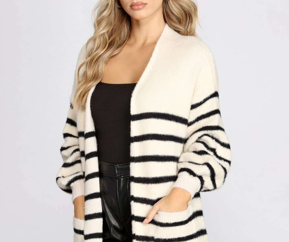 Striped Fuzzy Long Cardigan