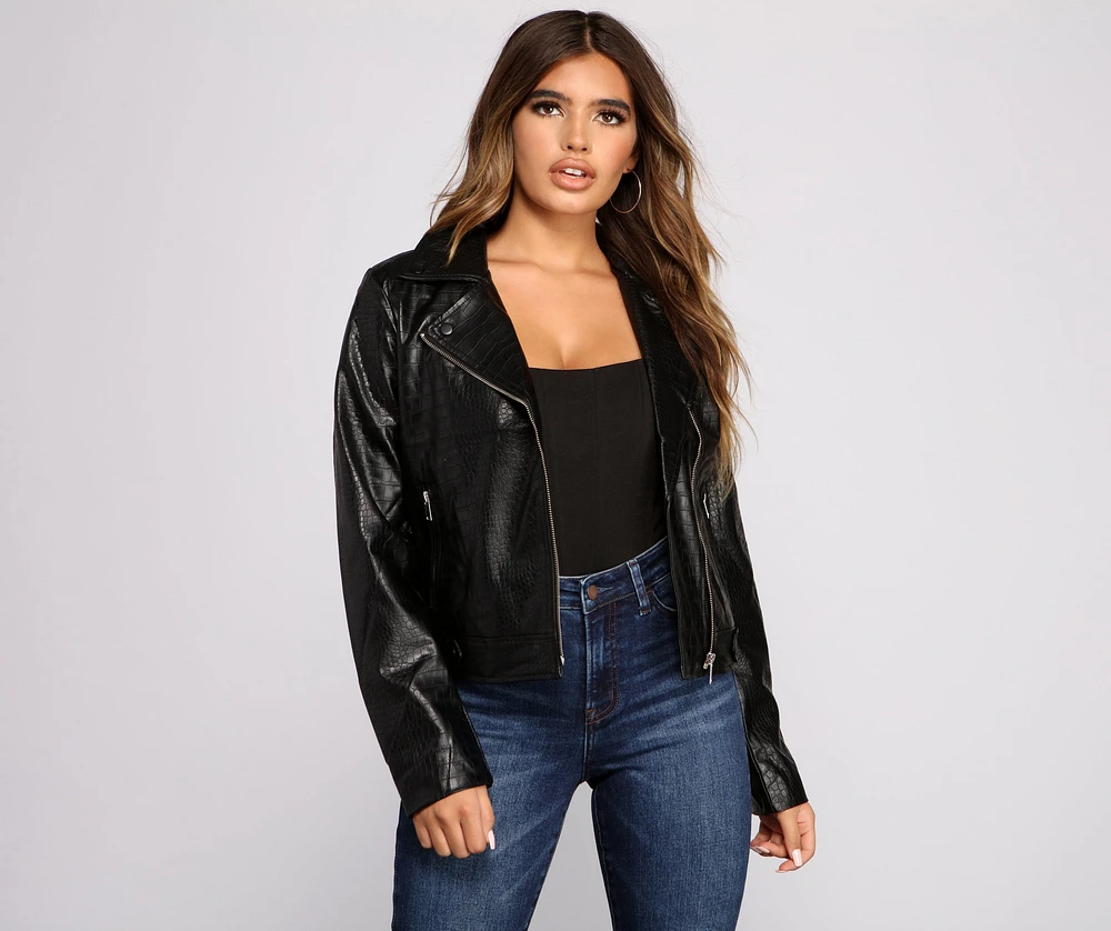 Croc Embossed Faux Leather Moto Jacket