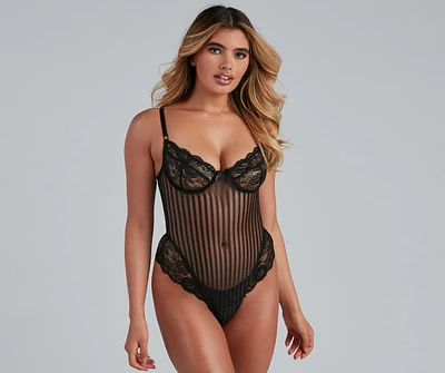 For Romance Lace Stripe Mesh Teddy
