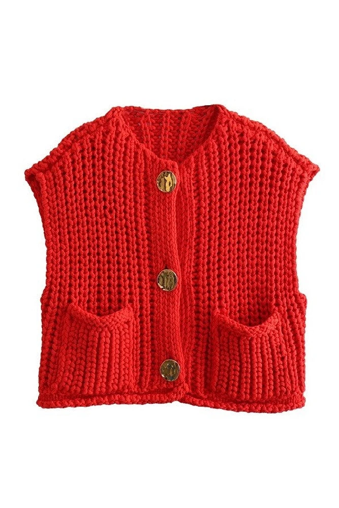 Red Solid Round Neck Sweater Vest