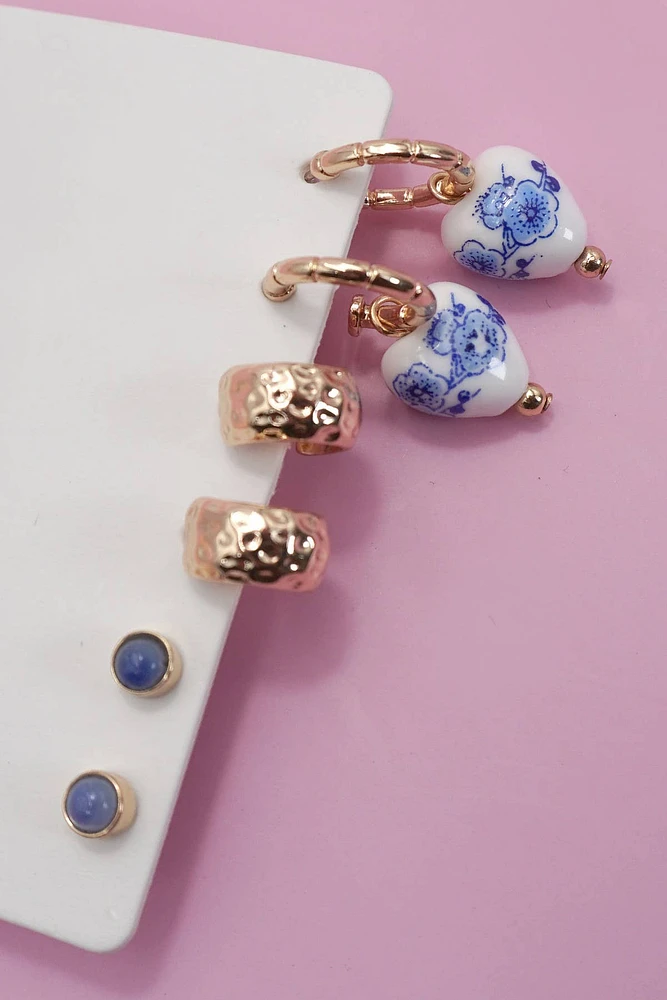 BLUE CERAMIC PORCELAIN TRIO HUGGIE HOOP EARRINGS