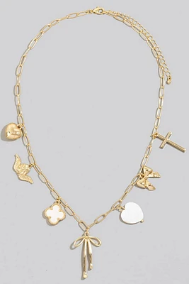 Heart Cross Angel Ribbon And Angel Charms Chain Necklace