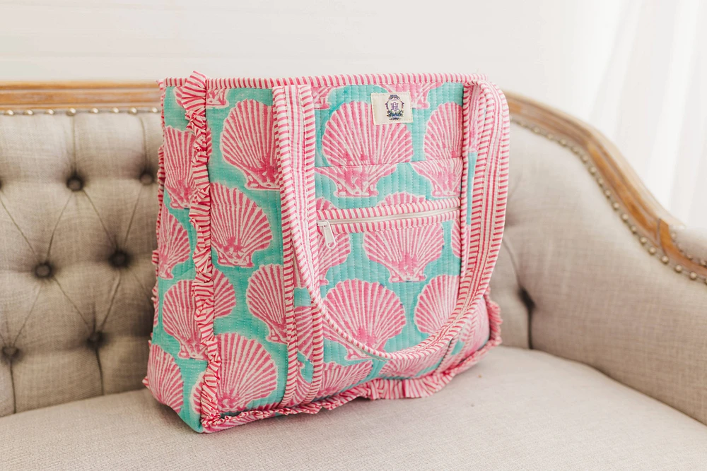 Sanibel Pink Shell | Large Quilted Ruffle Tote Bag
