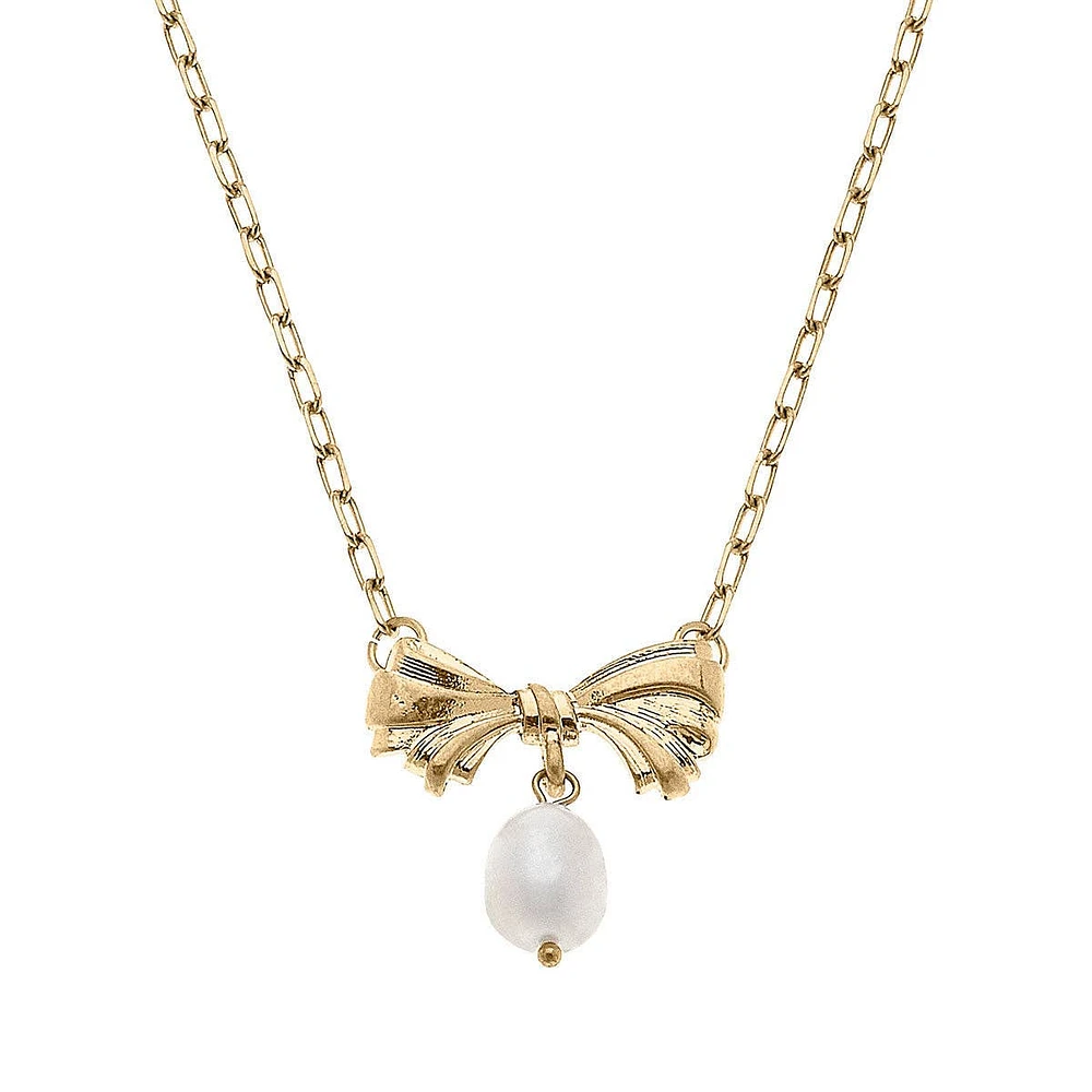 Cici Bow & Pearl Pendant Necklace in Worn Gold