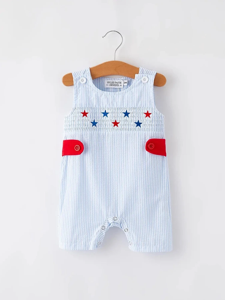 4th of July Boys' Smocking Star Embroidered Romper
