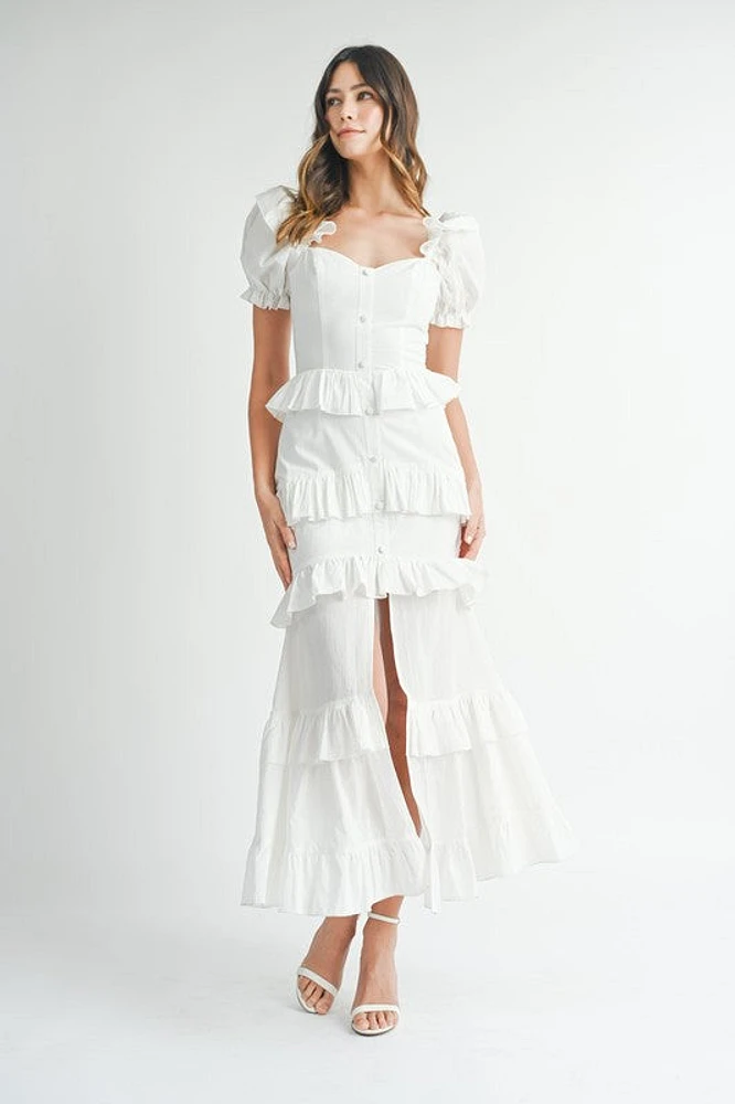 White Button Ruffle Tiered Maxi Dress
