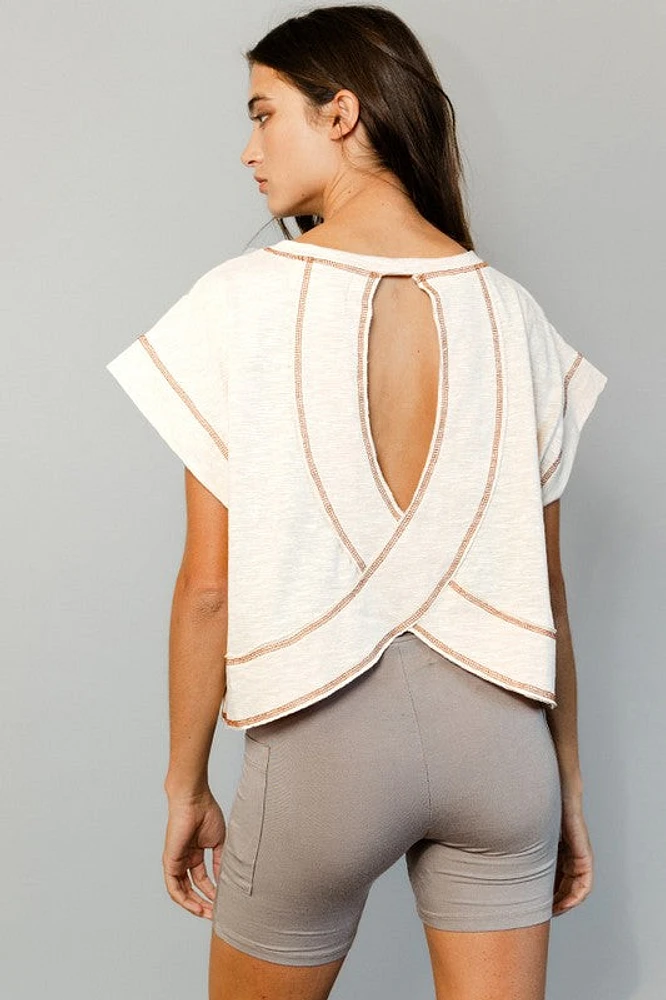 Tan Open Back Stitched Crop Top