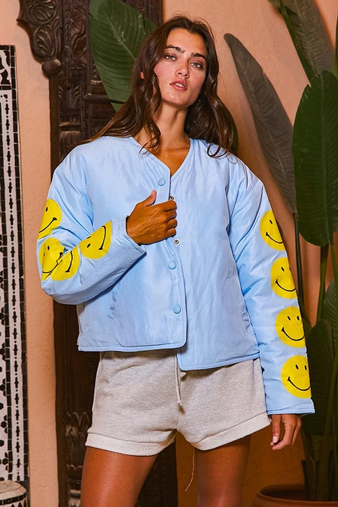 Sky Blue Smiley Sleeve Puffer Jacket