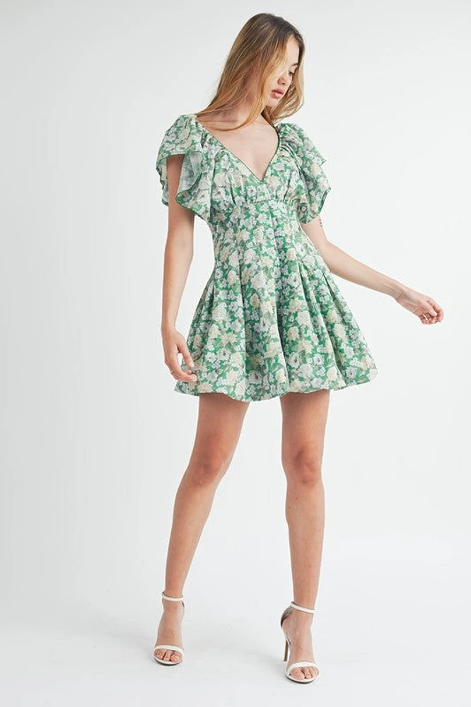 Green Floral Flutter Sleeve Mini Dress