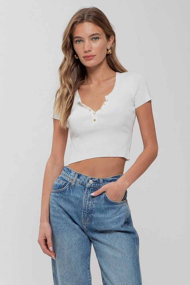 Beige Snap Button Crop Top