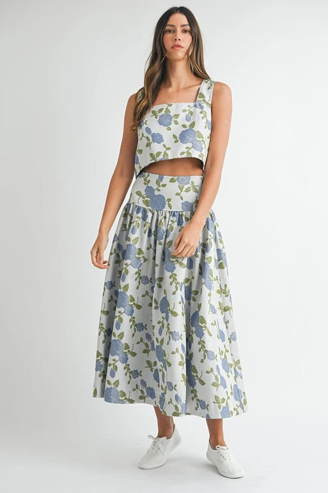 Blue Floral Crop Top & Midi Skirt Set