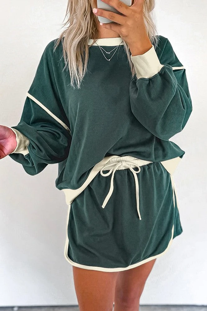 Green Contrast Skirt Set