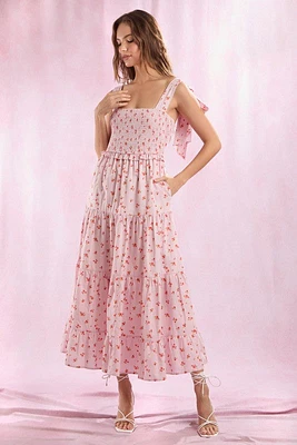 Pink Floral Tie Shoulder Maxi Dress