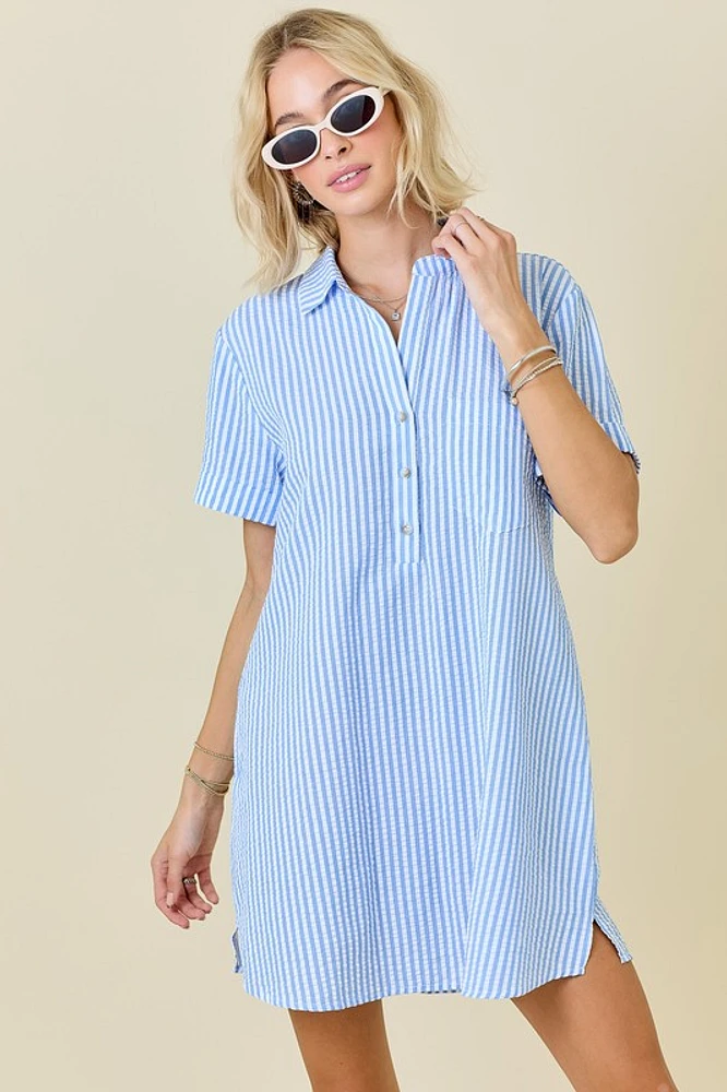 Striped Seersucker Dress W/ Pockets