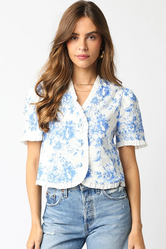Blue Floral Ruffle Top