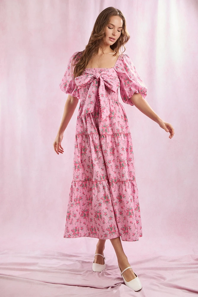 Front Bow Bubble Sleeve Dress