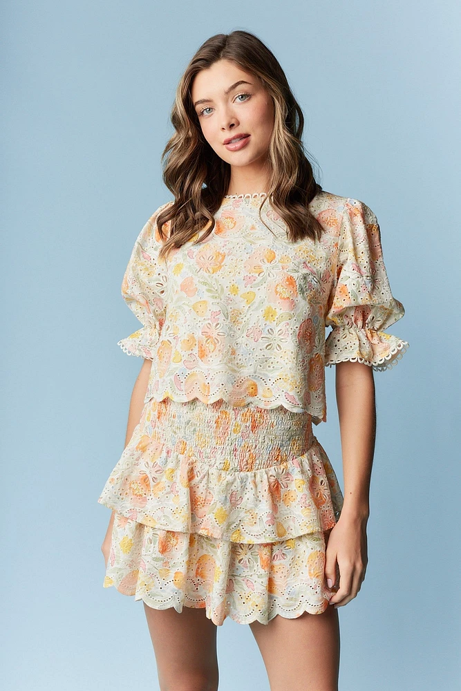 Floral Eyelet Smocked Top & Skirt Set