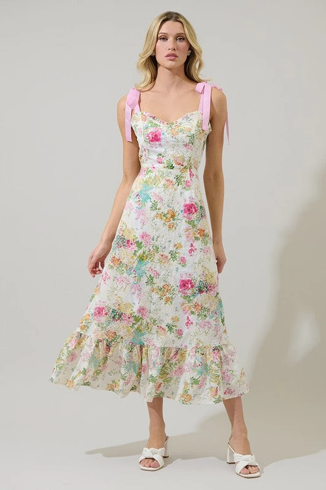 White Floral Villa Eyelet Midi Dress
