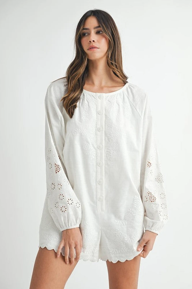 White Embroidered Long Sleeve Romper