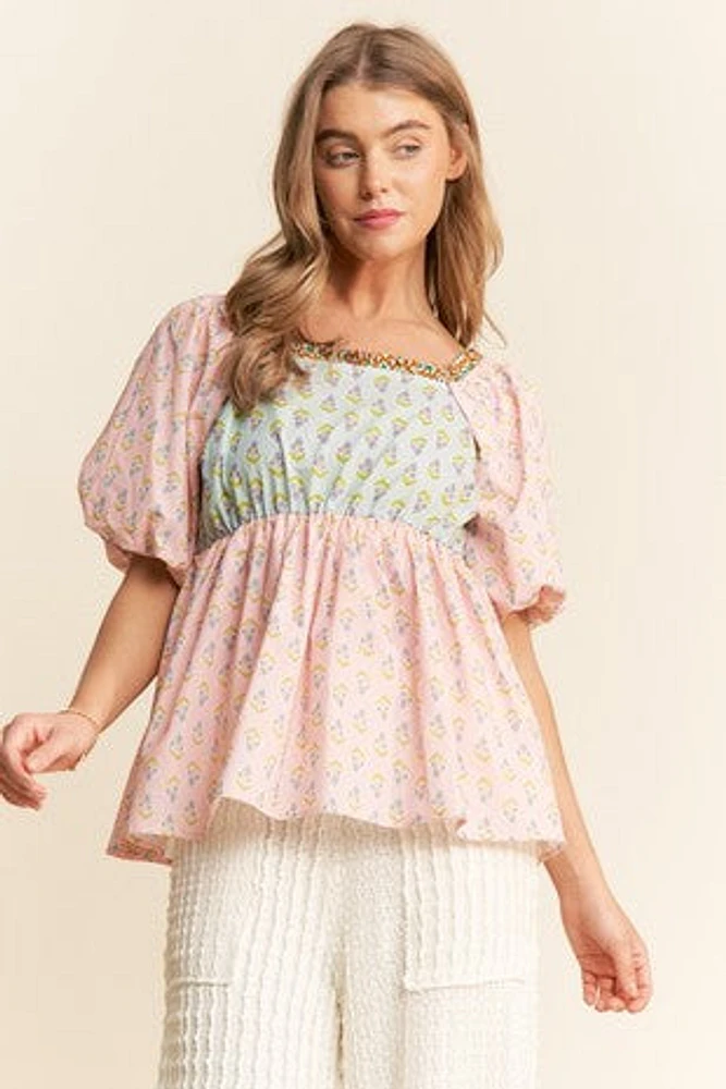 Floral Print Babydoll Puff Sleeve Top